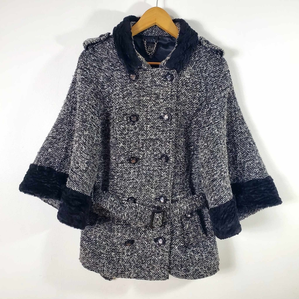 Anthropologie Luii Trench Coat Black White Women’s Size L 3/4 Sleeves